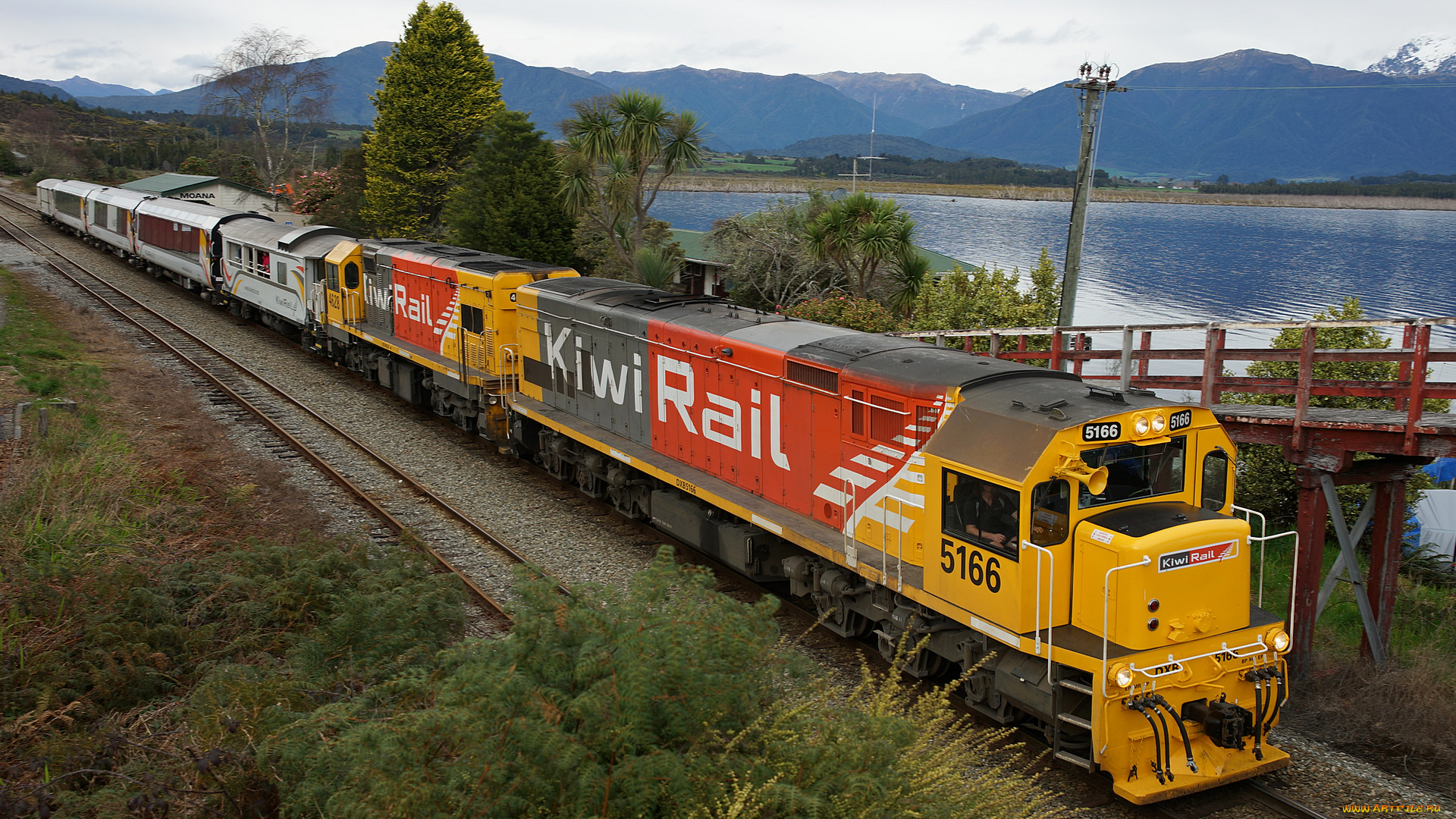 kiwirail locomotive`s dxb 5166 and dcp 4628 with the tranzalpine, , , , , , , 